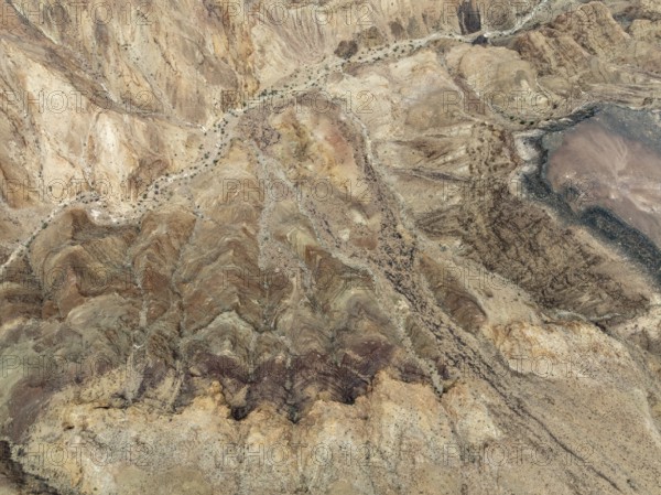 Bare canyon walls at the Fish River Canyon. Aerial view. Drone shot. Ai-Ais Richtersfeld