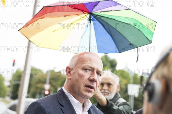 Kai Wegner (Governing Mayor of Berlin) gives interviews after raising the rainbow flag for Pride