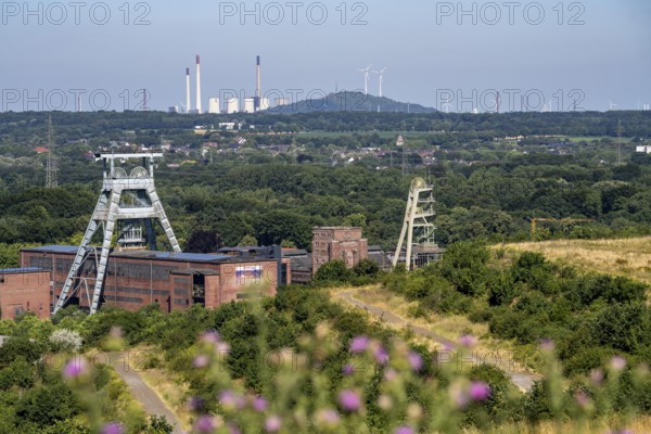 The double headframe of the disused Ewald mine, shaft 7, on the right headframe shaft 2, in Herten,