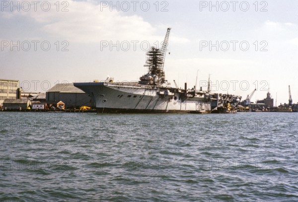 HMS Bulwark, Centaur-class light fleet aircraft carrier, refit at Portsmouth Harbour, Portsmouth,
