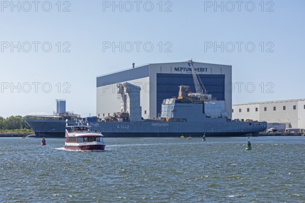 Overseas harbour, excursion boat, naval vessel, Neptune shipyard, Warnemünde, Rostock,