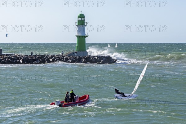 Waves, spray, people, boats, beacon, Warnow estuary, Warnemünde, Rostock, Mecklenburg-Western