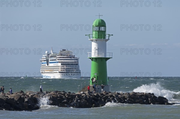 Cruise ship AIDA nova leaving, lighthouse, Warnow estuary, Baltic Sea, Warnemünde, Rostock,