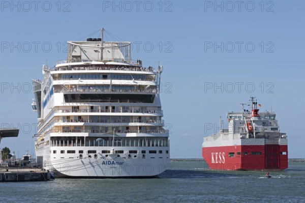 Cruise ship AIDA mar moored at the quay wall, cargo ship Kess, Warnow, Warnemünde, Rostock,