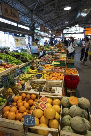 Market stall with fruit, market hall, Marche Provencal, Antibes, Provence Alpes Côte d'Azur, South