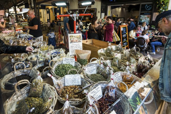 Market stall with herbs, market hall, Marche Provencal, Antibes, Provence Alpes Côte d'Azur, South