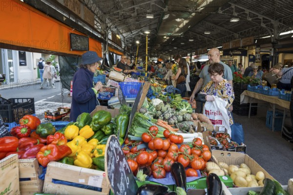 Market stall with vegetables, market hall, Marche Provencal, Antibes, Provence Alpes Côte d'Azur,