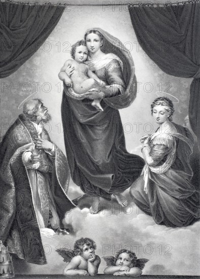 The Sistine Madonna, steel engraving after the painting by Raphael Sanzo, historical, digitally