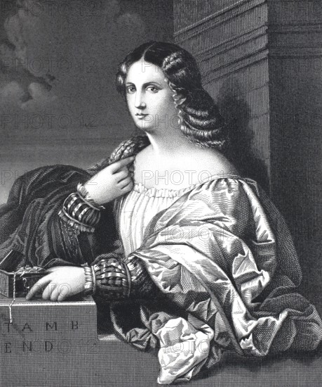 Bella Donna, beautiful woman, portrait, steel engraving after a painting by Titian, Historic,