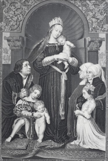 The Madonna with the family of Mayor Meyer, steel engraving after a painting by Hans Holbein the