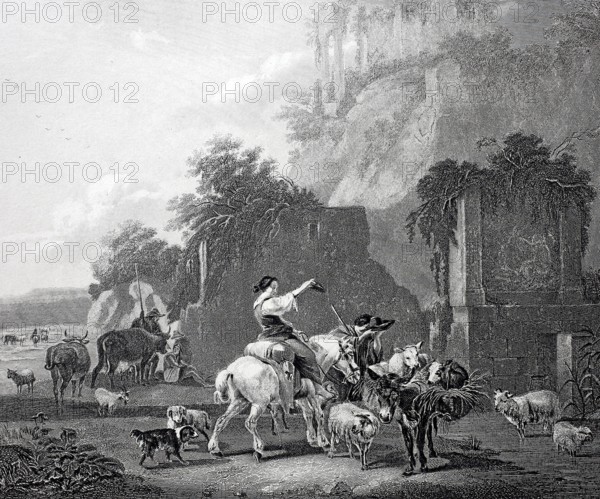 Rural scene with a farmer on horseback, a donkey and sheep, cows and dogs, Steel engraving after a