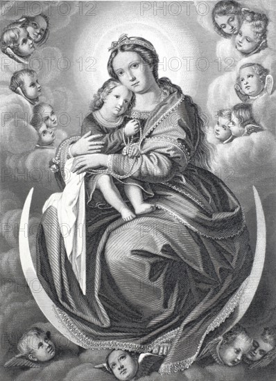 Madonna with the Infant Jesus, steel engraving after a painting by Giovanni Battista Salvi, called