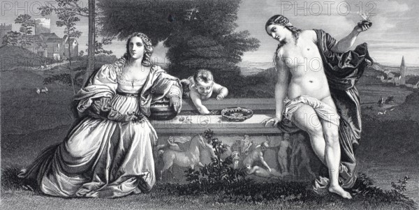 Heavenly and earthly love, the two woman are interpreted as embodiments of divine and earthly love,