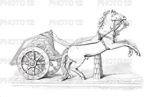 Biga, an ancient Roman chariot pulled by two horses. In contrast to other chariots where the driver