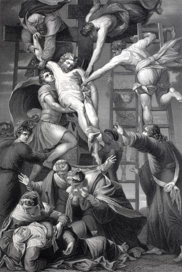 The Descent from the Cross of Jesus Christ, steel engraving after a painting by Daniele da