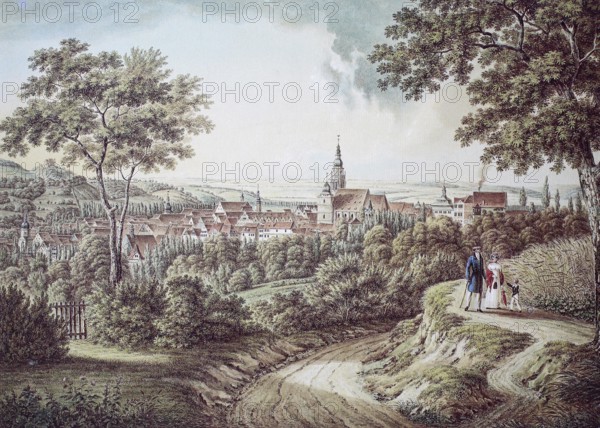 View of the town from the south, 1823, Coburg, Upper Franconia, Bavaria, Germany, Historical,
