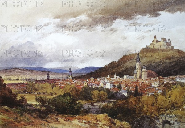 View of the town from the south-west, 1843, Coburg, Upper Franconia, Bavaria, Germany, Historical,