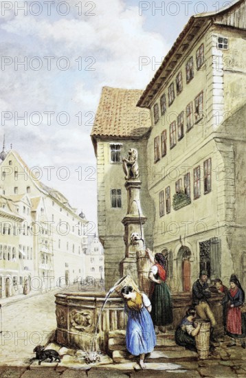 The Ketschengasse with fountain in 1841, Coburg, Upper Franconia, Bavaria, Germany, Historical,