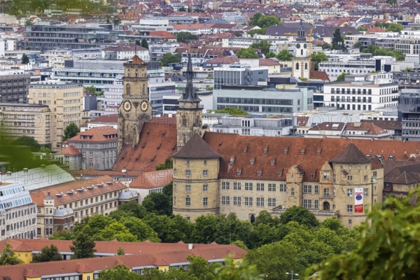View of the state capital with collegiate church and Altes Schloss. Stuttgart, Baden-Württemberg,