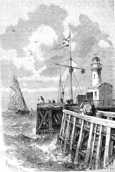 Lighthouse and harbour of Calais, 1870, Hauts-de-France, France, Historical, digitally enhanced