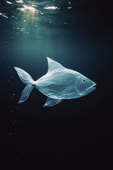 Plastic bag in the shape of a fish, swimming realistically in the open ocean, with air bubbles in