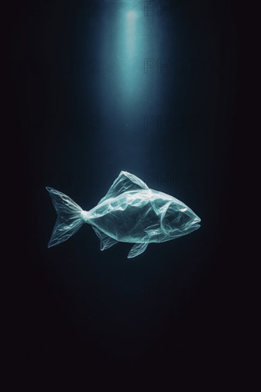 Plastic bag in the shape of a fish, realistically swimming in the open ocean, dark dramatic
