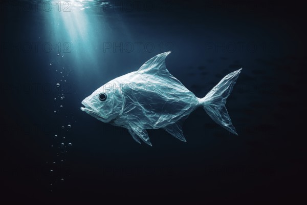 Plastic bag in the shape of a fish, realistically floating in the open ocean, with air bubbles in