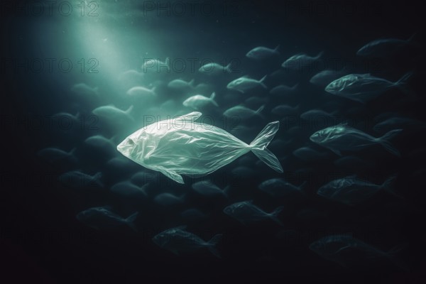 Plastic bag in the shape of a fish, realistically swimming in the open ocean, with air bubbles in
