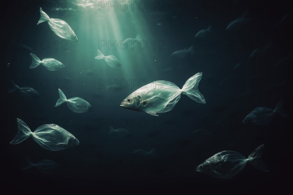 Plastic bags in the shape of several fish, swimming realistically in the open ocean, a few air