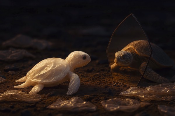 Plastic bag in the shape of a turtle, lying on dirty sand surrounded by plastic waste and looking