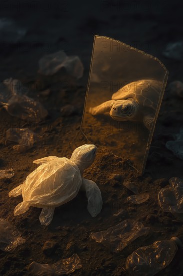 Plastic bag in the shape of a turtle, lying on dirty sand surrounded by plastic waste and looking