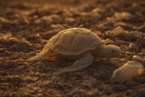 Plastic bag in the shape of a turtle, crawling over a polluted sandy beach, surrounded by a PET