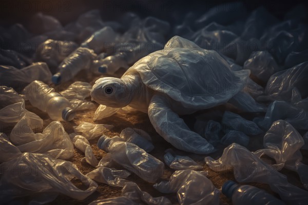 Plastic bag in the shape of a turtle, crawling over a polluted sandy beach, surrounded by PET