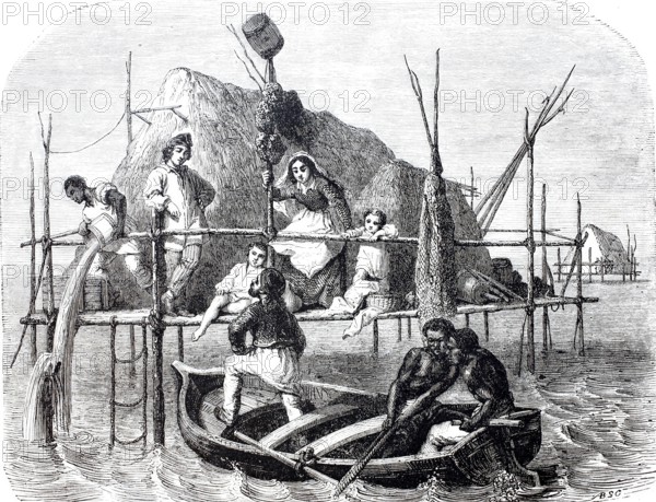 Sponge fisherman at work, 1880, Cuba, digitally enhanced reproduction from a 19th century original,