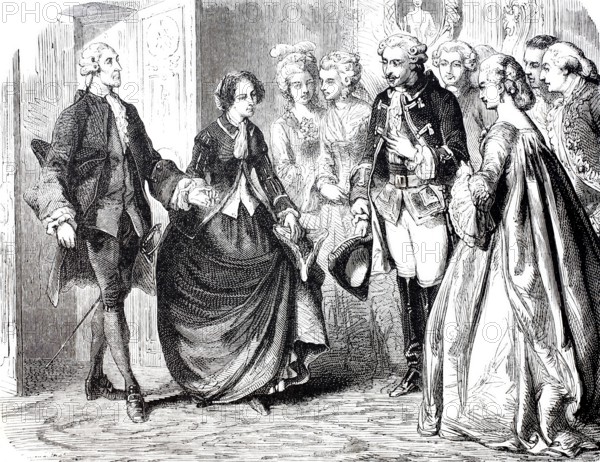 The Chevalier leads the lady into the hall with outstretched arm, 1870, distinguished society,