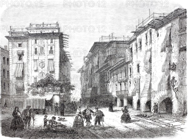 San Augustin Bella Square, 1875, Barcelona, Spain, digitally enhanced reproduction from a 19th