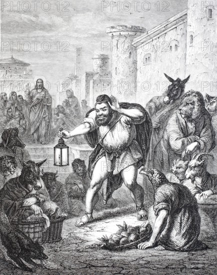 Aesop seeks a man, 1880, from Aesop's Fables, a collection of fables by Aesop, a deformed slave and