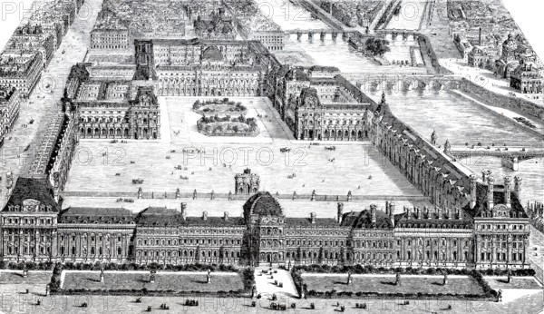 Overview of the Louvre and the Tuileries from the garden, c. 1880, Paris, France, digitally