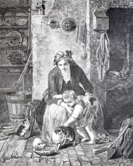 Child and cats, child wants to stroke the cat, the mother holds it, family scene from a farmhouse