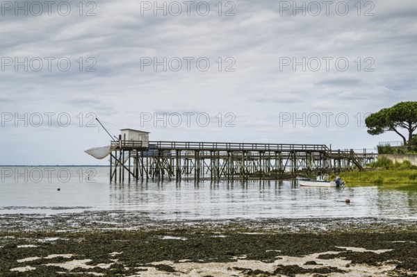 Fishing huts over Randonnee entre Histoire et Nature from a drone, Fouras, Fouras-les-Bains,