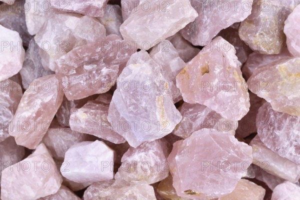 Close up of raw large rose quartz crystals. Natural pink gemstone chunks used for healing or