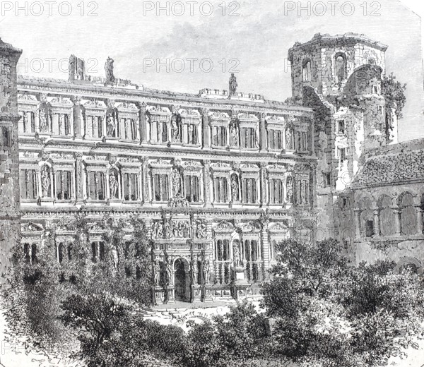 The faÃ§ade of the Otto Heinrich House in Heidelberg, around 1870, Germany, digitally enhanced