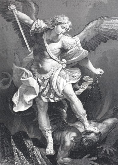The Archangel Michael, after a painting by Guido Reni, illustration from 1870, digitally enhanced