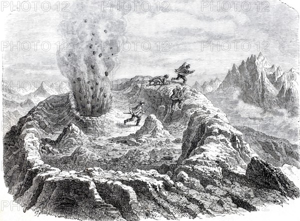 The volcano of Antuco in Chile in 1869, last eruption, digitally enhanced reproduction from a 19th
