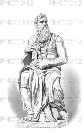 Moses, Moses, Statue by Michelangelo Buonarroti, Illustration from 1870, Biblical figure, digitally