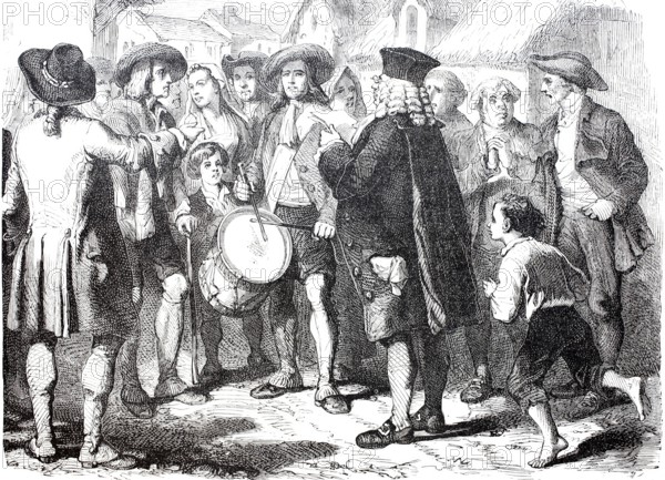 A mayor, an official in charge of the legal system, reads a proclamation to the people, 1870,