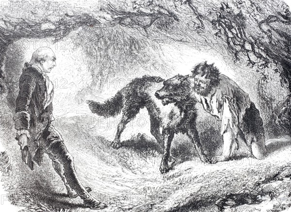 Elegant man meets a derelict hermit with a pet wolf in the forest, 1875, Novel illustration,
