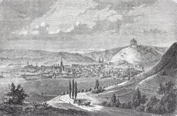 Liberation Hall and town of Kelheim around 1870, Lower Bavaria, Bavaria, Germany, Historical,