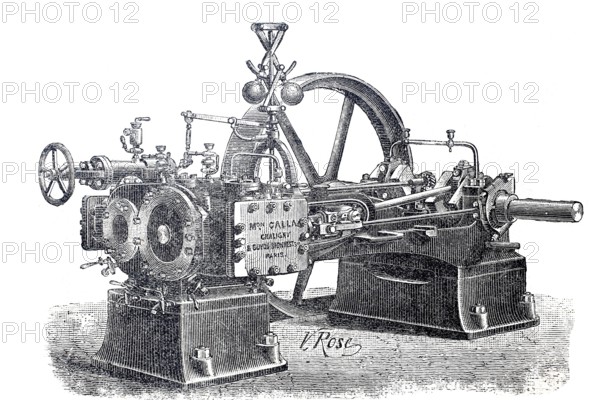 Steam engine, compound engine by Chaligny and Gupot-Sionnest without condenser, around 1870,