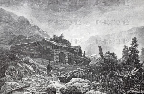 After the thunderstorm in the mountains, farmer standing in front of a farmhouse, around 1870,